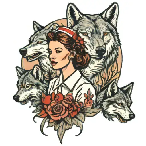A Traditional Style Tattoo Of A Nurse Surrounded By Grey Wolves In A Mystical Forest