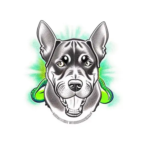 Brown Rottweiler Biting On A Bright Green Snake