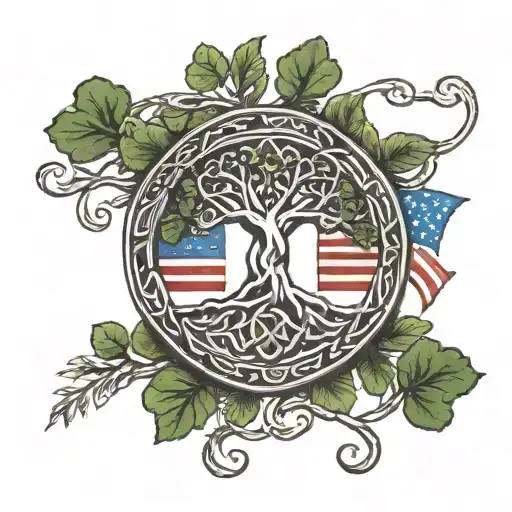 A Celtic Tree Of Life With American Flags And Shamrocks