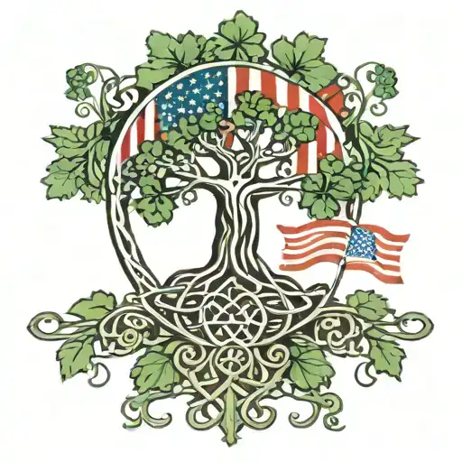 A Celtic Tree Of Life With American Flags And Shamrocks
