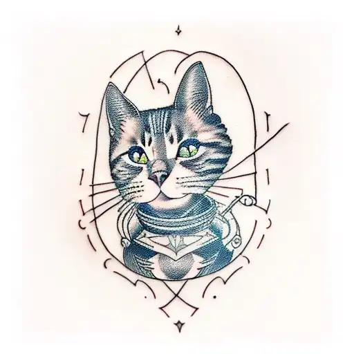A Blackwork Tattoo Of A Cat Playing A Musical Instrument While Wearing Fashionable Clothes