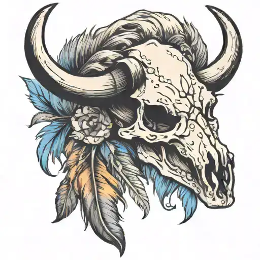 A Bull Skull With Feathers And Scorpion