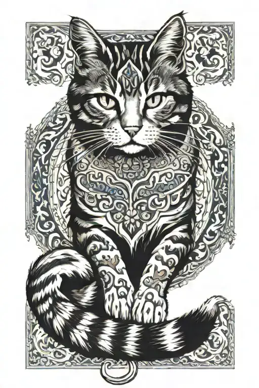 Tricolor Cat Lies On Turkish Carpet