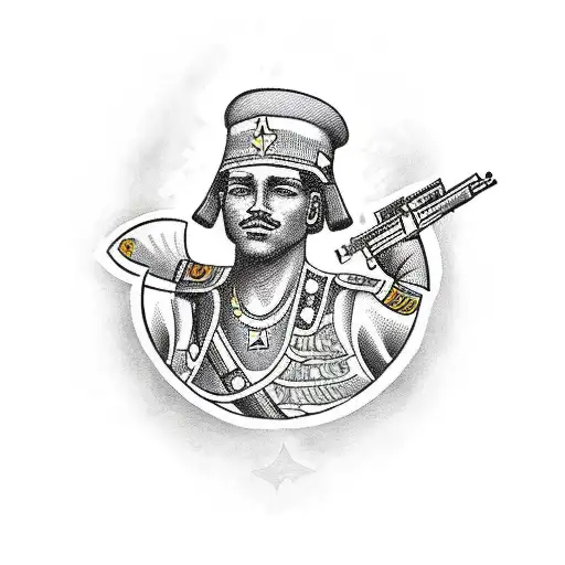 A Traditional Style Tattoo Of A Soldier Holding A Gun With Egyptian Hieroglyphs In The Background