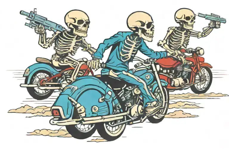 2 Skeletons Riding Away On A Motorcycle With An Aircraft Carrier In The Background