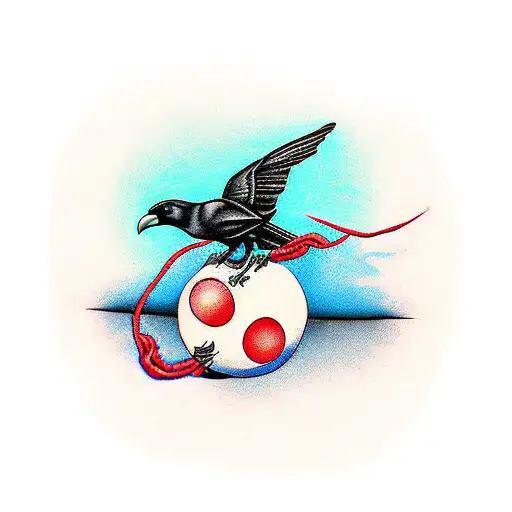 A Crow Unraveling A Red Yarn Ball