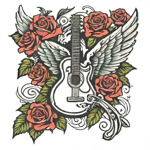 Guitar With Wings And Roses And Musical Notes And Doves