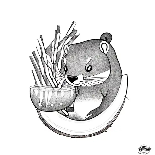 Black And White Otter Drinking From A Coconut With A Straw