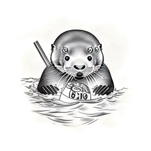 Black And White Otter Swimming While Drinking From A Coconut With A Straw