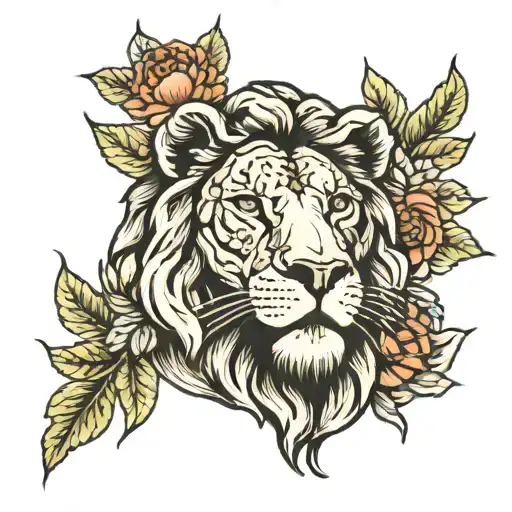 Lion Made Up Of Flowers And Leaves