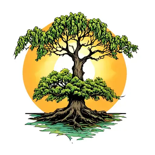 Willow Tree With A Sun Behind It