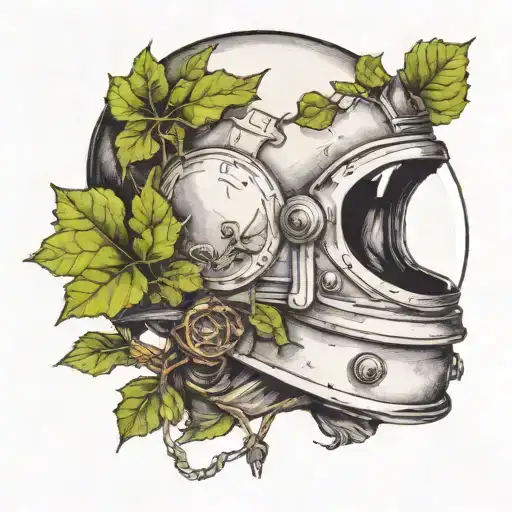 Forward Facing English Ivy Growing Out Of A Space Helmet With A Cracked Visor