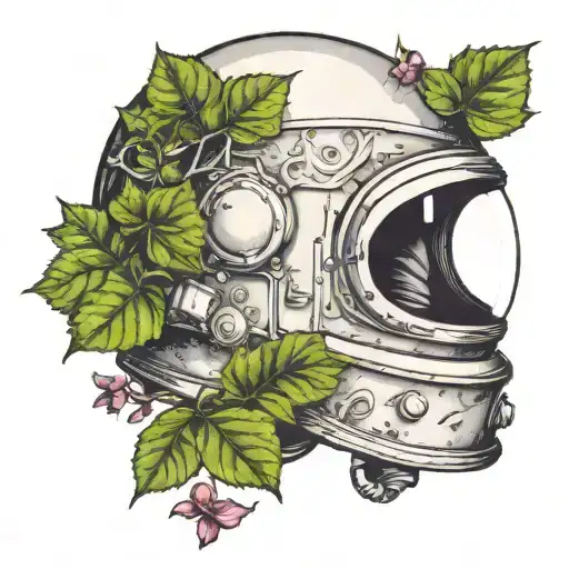 Symetrical English Ivy Growing Out Of A Space Helmet With A Cracked Visor