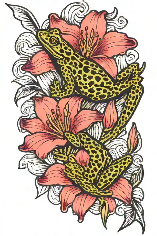 Climbing Frog With Pink Lily Flowers