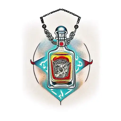 A Traditional Style Tattoo Of A Whiskey Bottle Wrapped In Animal Trap Chains