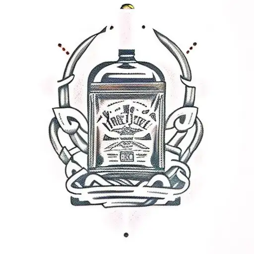 A Traditional Style Tattoo Of A Whiskey Bottle Wrapped In Animal Trap Chains