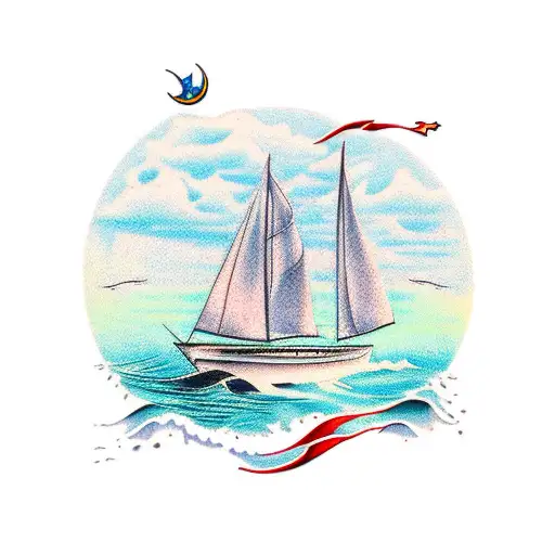 Catamaran On The Ocean With Palm Trees In The Back