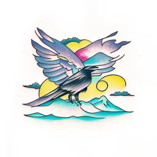 Crow On Branch With Mountains Background With Color Details