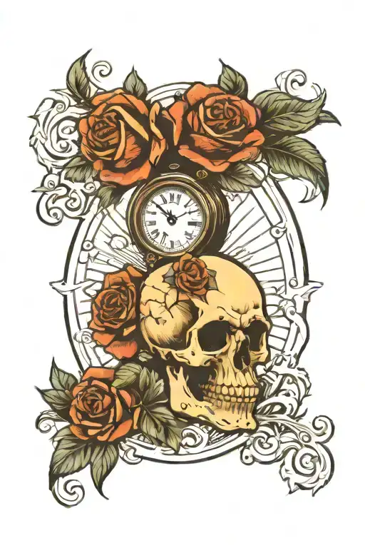 Skull And Roses And Clock Face
