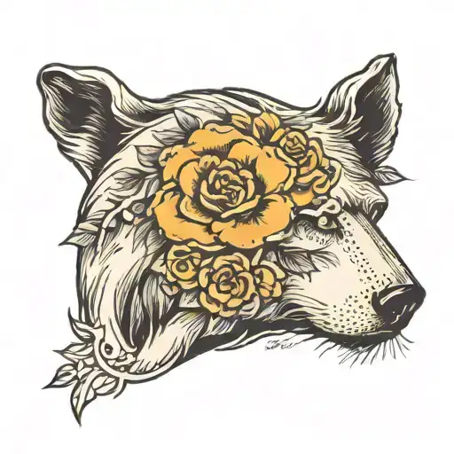 Brass Tattooed Polar Bear Head Surrounded By Flowers