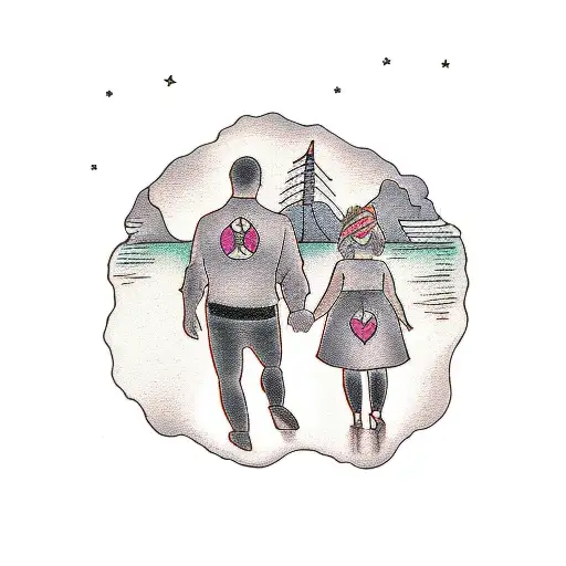 Father And Daughter Walking Into Sunset