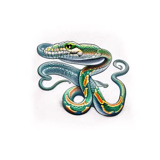 A Realistic Depiction Of A Snake Coiling Around A Traditional Tattoo Design