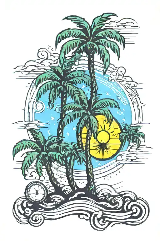 Palm Trees With Waives And Sun As A Compass