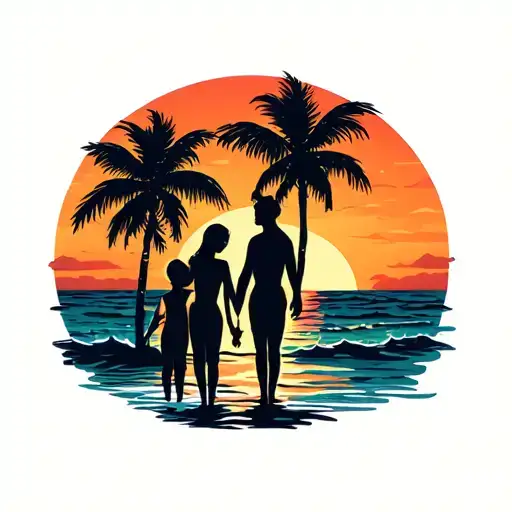 Sunset Family In Beach