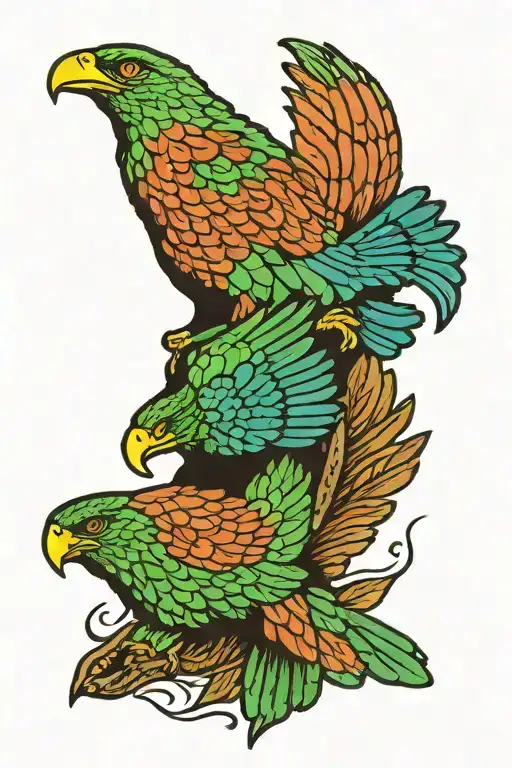 Big Green Hawk Flying Above A Small Blue Hawk Lying Down