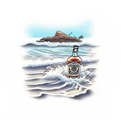 A Beach Scene With A Whiskey Bottle Washed Ashore