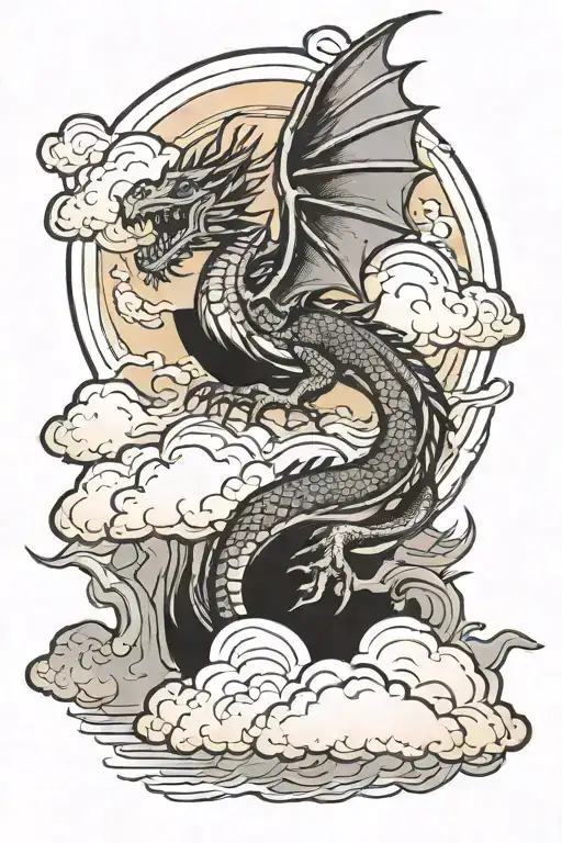 A Dragon Flying Through The Clouds To The Sun Setting