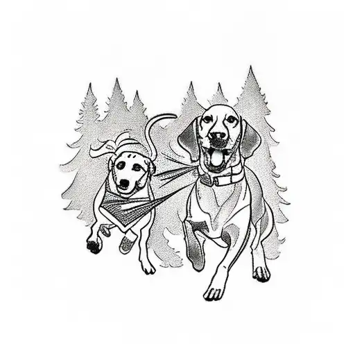 A Traditional Tattoo Design Featuring A Pack Of Sausage Dogs Running Through A Forest