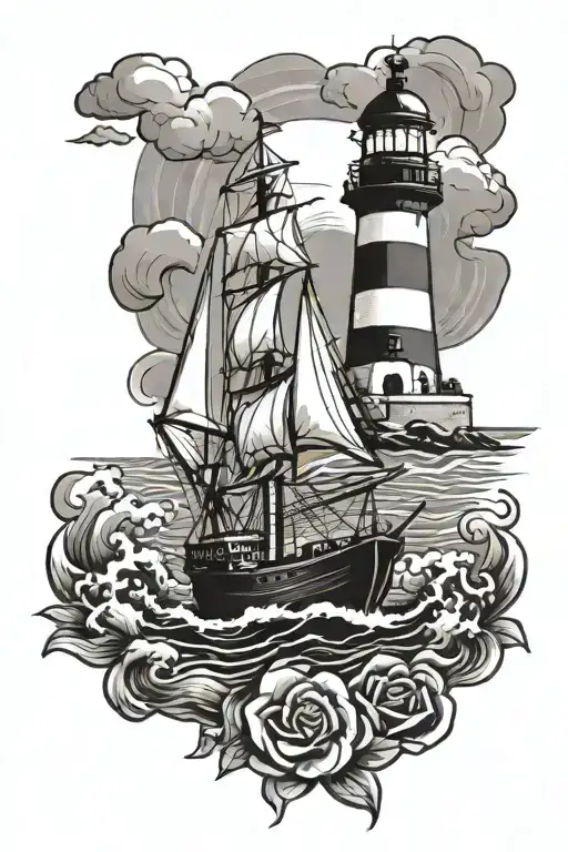Ship And Lighthouse And Sea