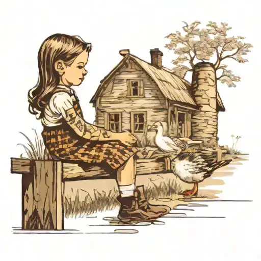 Little Girl Is Sitting In Front Of The Farm House With A Goose