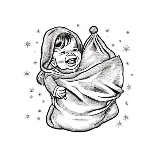 A Realistic Portrait Of A Child Peeking Out Of A Sack With A Christmas-themed Background