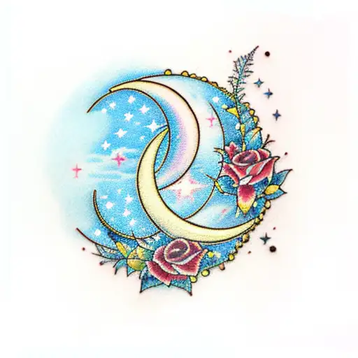 A Traditional-style Tattoo Of A Crescent Moon And Stars Surrounded By Delicate Roses