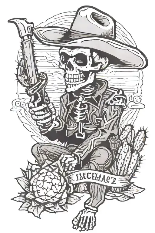 Skeleton Cowboy Leaning Against A Cactus Smoking A Cigar