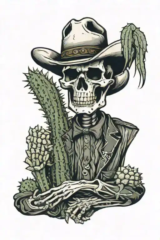 Skeleton Cowboy Leaning Against A Cactus