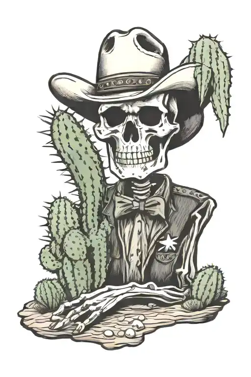 Skeleton Cowboy Leaning Against A Cactus In The Desert