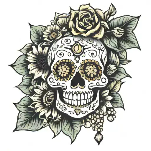 Sugar Skull And Sunflower And Rosary Beads