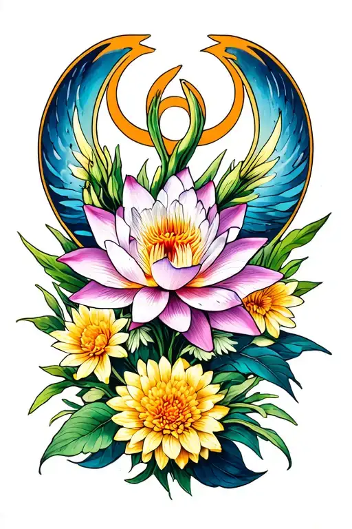 Air Symbol Intertwined With Iris Flower Water Lilly Flower And Chrysanthemum Flower