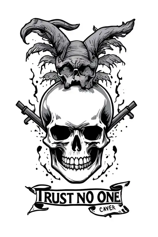 Trust No One Skull And Dager Scary American Traditional Black And Grey