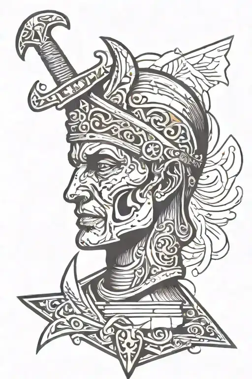 Broken Statue Head Cracked Sword Through With Light Shining Out