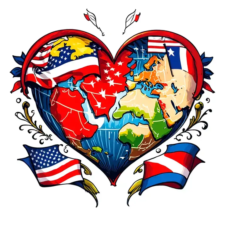 Globe And Flags Inside A Heart