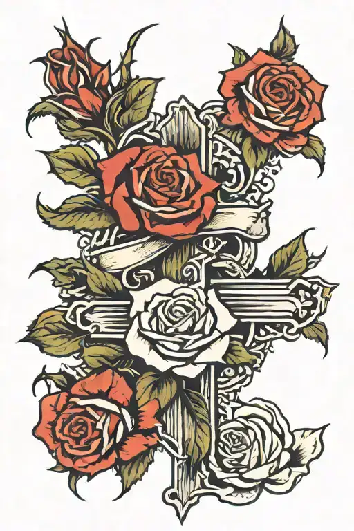Cross Wrapped In Thorns With 2 Red Roses And One White Rose