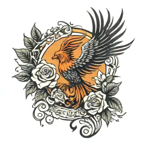 A Rising Phoenix Surrounded By Roses And Vines