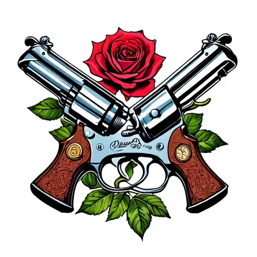Rose And Two Crossed Revolvers Crossing