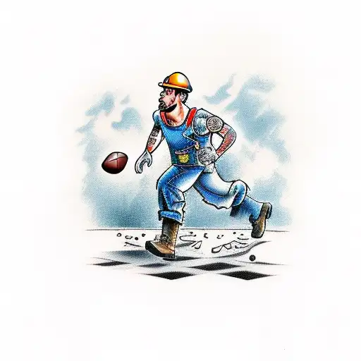 A Construction Worker Playing Football In The Wilderness