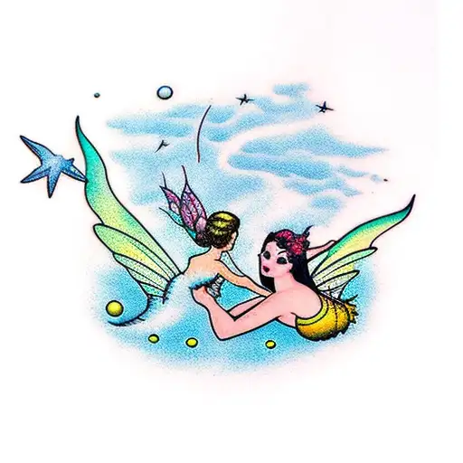 Fairy Above Waterfall With Mermaid Reaching Up Out Of The Water