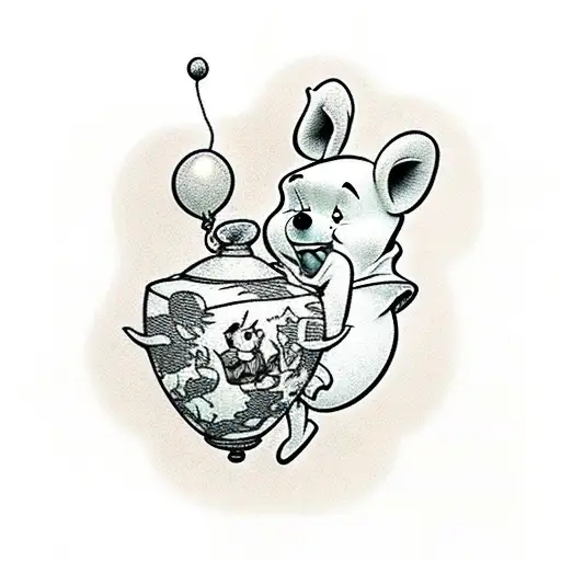 Winnie The Pooh Floating Away With A Ballon Looking Down On Piglet And Owl